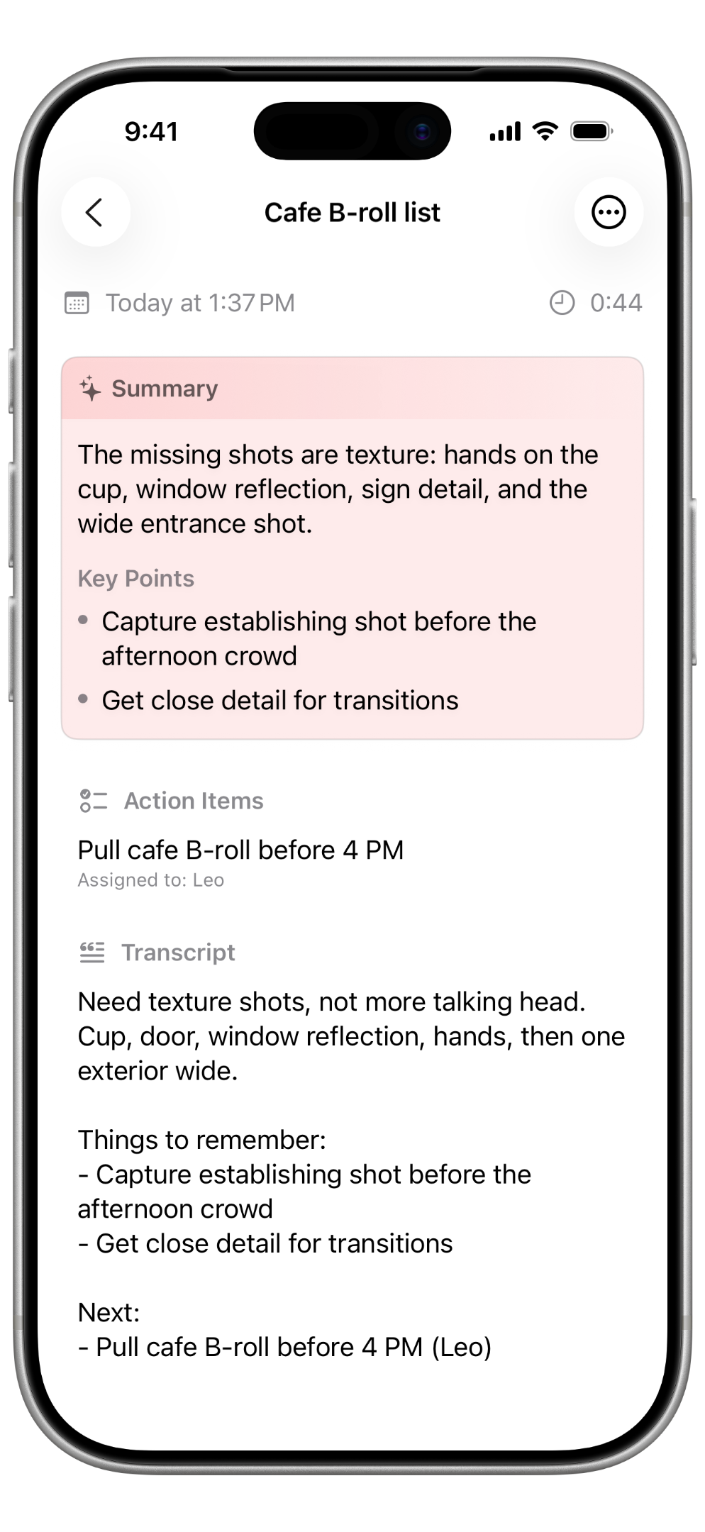 Moment Notes recording detail showing a summary, key points, action item, and transcript.