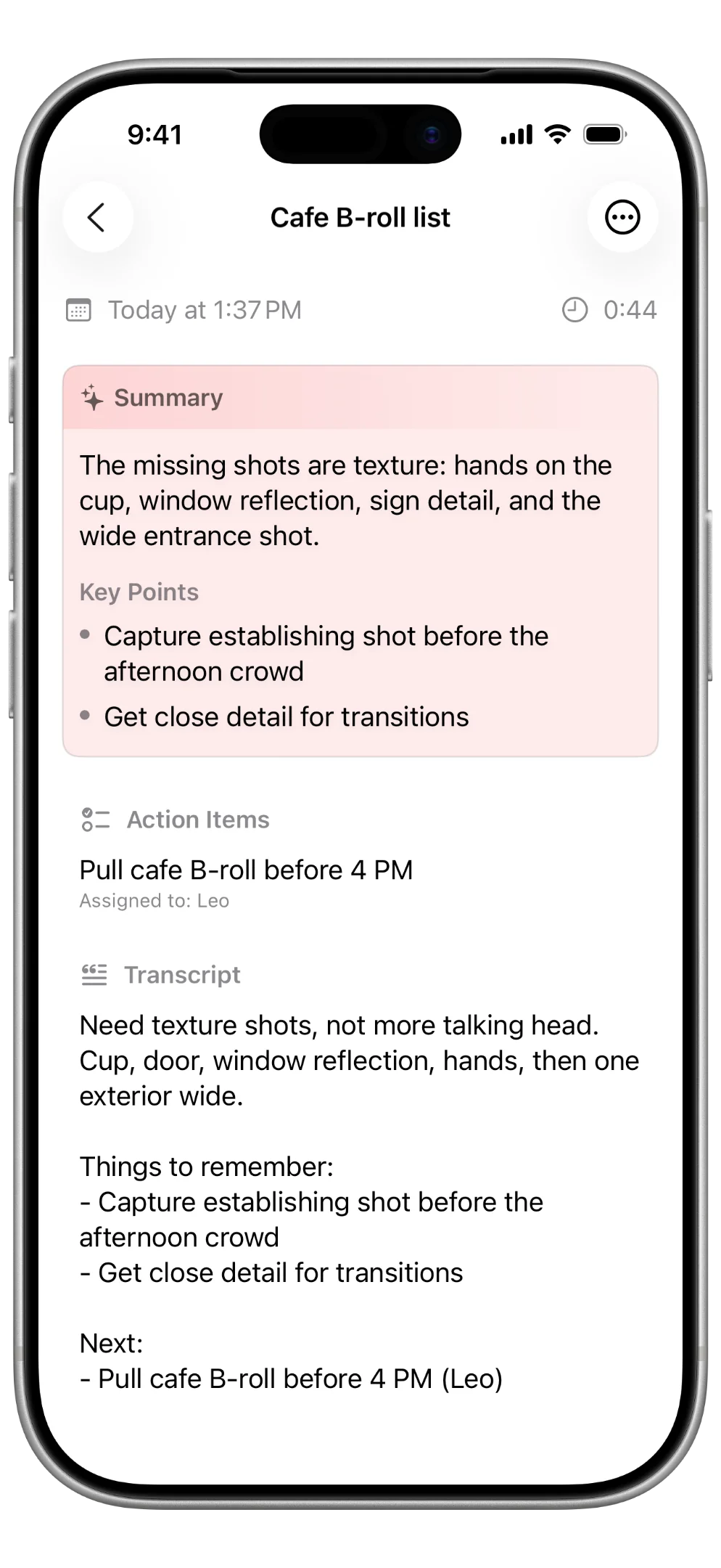 Moment Notes recording detail showing a summary, key points, action item, and transcript.